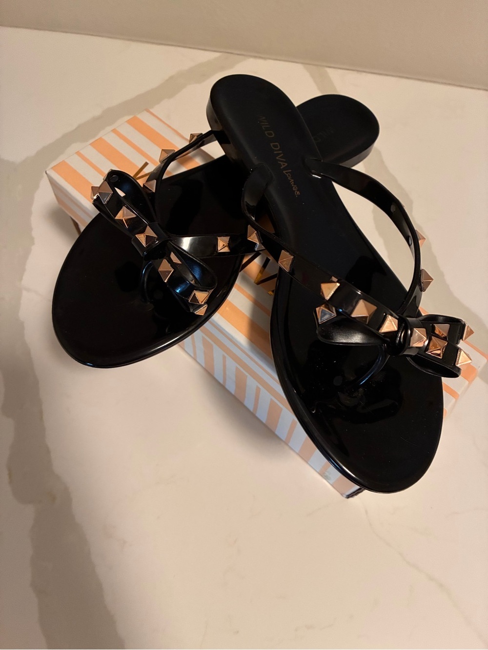 Black Rose Gold Studded Bow Jelly Sandals
